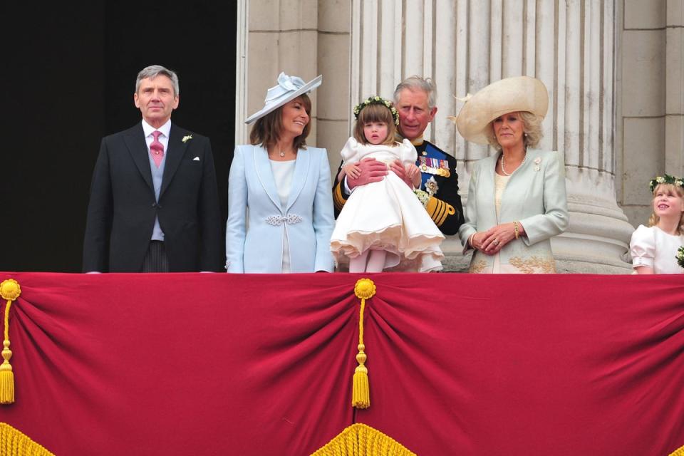 Michael Middleton, Carole Middleton, Eliza Lopes, Prince Charles, Prince of Wales, Camilla, Duchess of Cornwall and Lady Louise Windsor greet crowd of admirers from the balcony of Buckingham Palace on April 29, 2011 (FilmMagic)