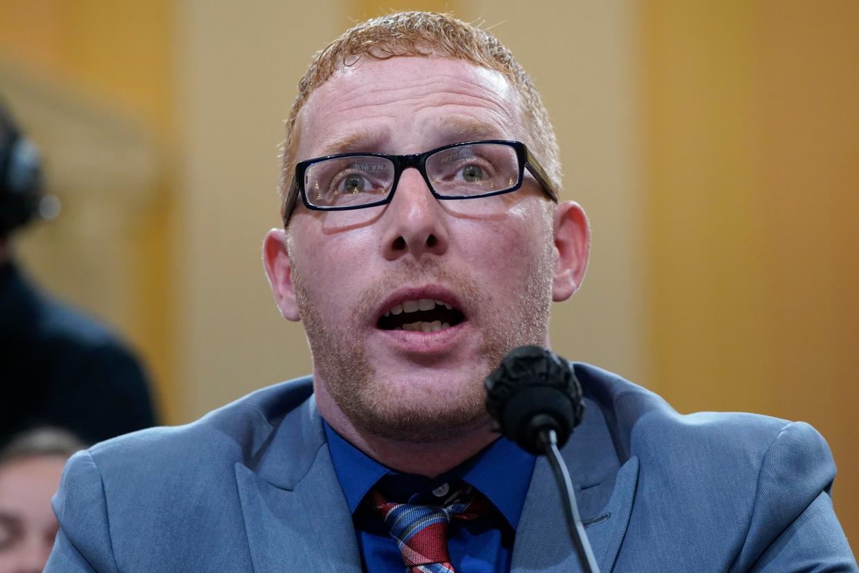 Stephen Ayres, who pleaded guilty last in June 2022 to disorderly and disruptive conduct in a restricted building, testifies as the House select committee investigating the Jan. 6 attack on the U.S. Capitol holds a hearing at the Capitol in Washington, Tuesday, July 12, 2022.