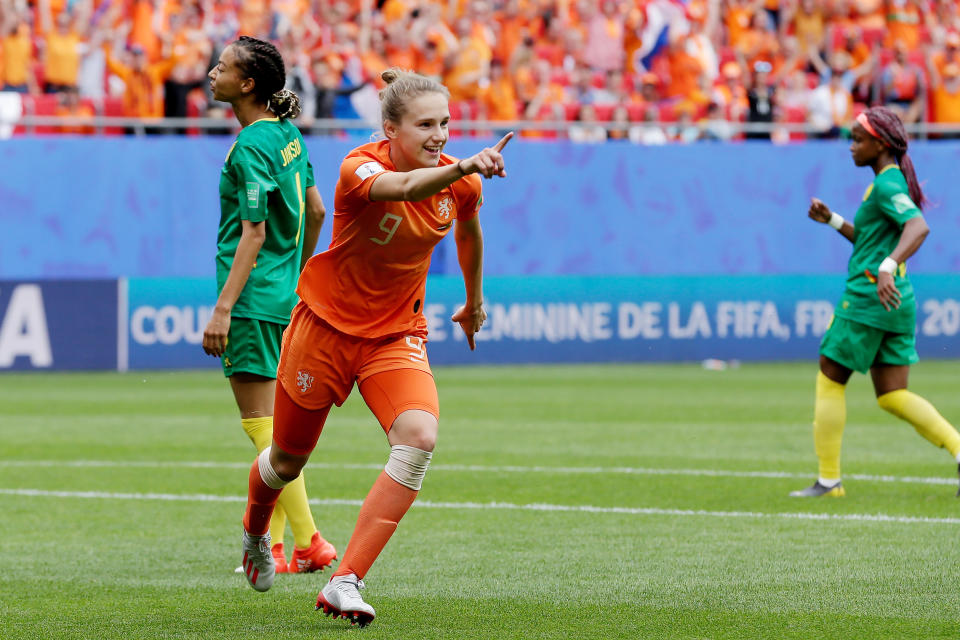 Vivianne Miedema celebrates her record-breaking goal against Cameroon. (Photo by Eric Verhoeven/Soccrates/Getty Images)