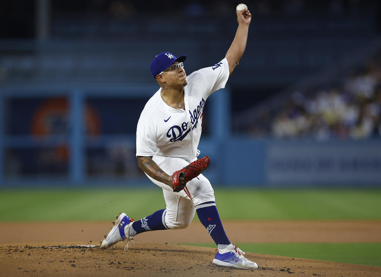 LOS ANGELES, CALIFORNIA - SEPTEMBER 01:  Julio Urias #7 of the Los Angeles Dodgers throws against the Atlanta Braves in the first inning at Dodger Stadium on September 01, 2023 in Los Angeles, California. (Photo by Ronald Martinez/Getty Images)