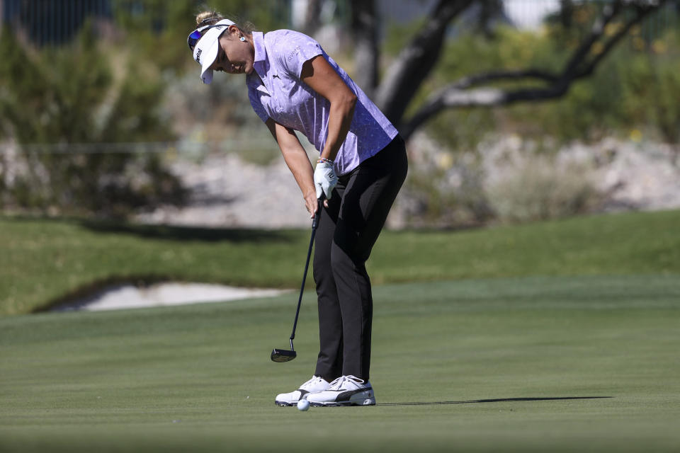 Lexi Thompson putts on the second hole during the first day of the Shriners Children's Open golf tournament, Thursday, Oct. 12, 2023, in Las Vegas. (AP Photo/Ian Maule)