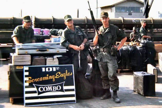 Eddie Owen, Rick Linton, Lloyd Rainey, Terry Stewart, and Ellis McKenzie (from left) in Vietnam, 1968. The soldiers were tasked with playing music, not just for U.S. troops, but for Vietnamese villagers.