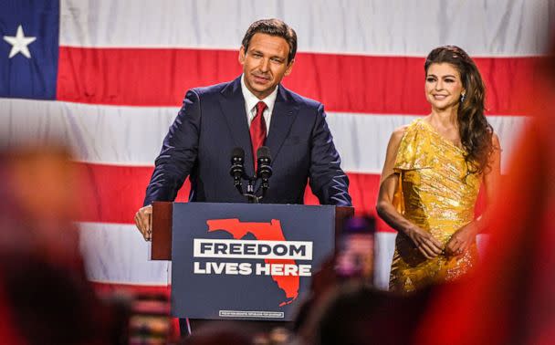 PHOTO: Republican gubernatorial candidate for Florida Gov. Ron DeSantis speaks during an election night watch party at the Convention Center in Tampa, Fla., on Nov. 8, 2022.  (Giorgio Viera/AFP via Getty Images)