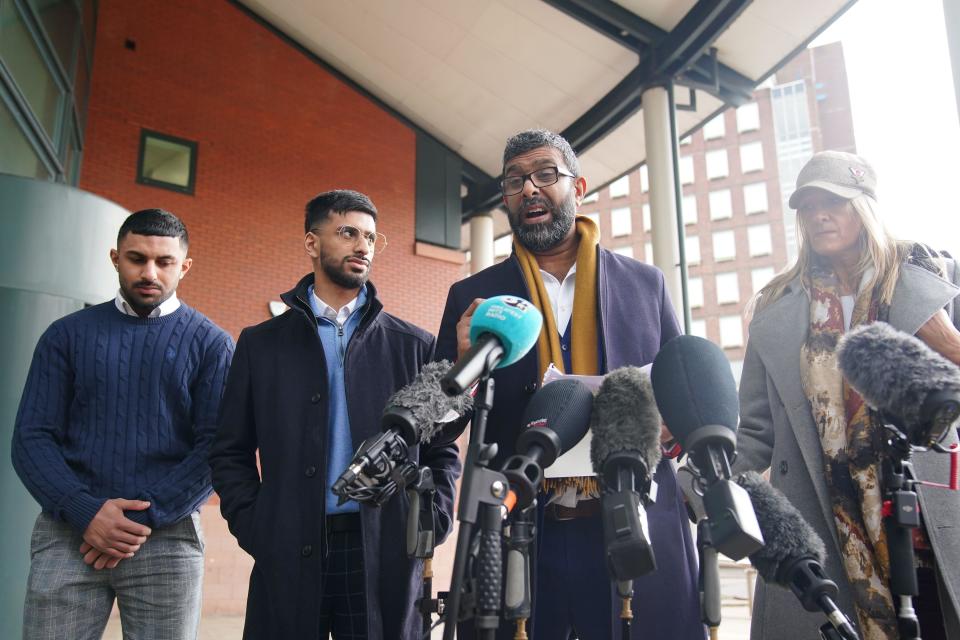 Mohammed Ramzan (second right), who was accused of trafficking by Eleanor Williams, with Nicola Holt (right), outside Preston Crown Court, Lancashire, where Williams was jailed for eight-and-a-half years for nine counts of perverting the course of justice after she claimed to have been the victim of an Asian grooming gang. Williams, 22, published pictures of her injuries and an account of being groomed, trafficked and beaten, on Facebook in May 2020, in a post which was shared more than 100,000 times. Picture date: Tuesday March 14, 2023.