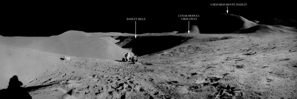 A remastered panorama of the LRV with annotated locations on the moon.