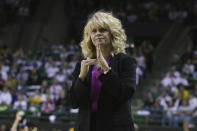 Oklahoma head coach Sherri Coale calls a timeout in the first half of an NCAA college basketball game against Baylor, Saturday, Feb. 22, 2020, in Waco, Texas. (AP Photo/Jerry Larson)