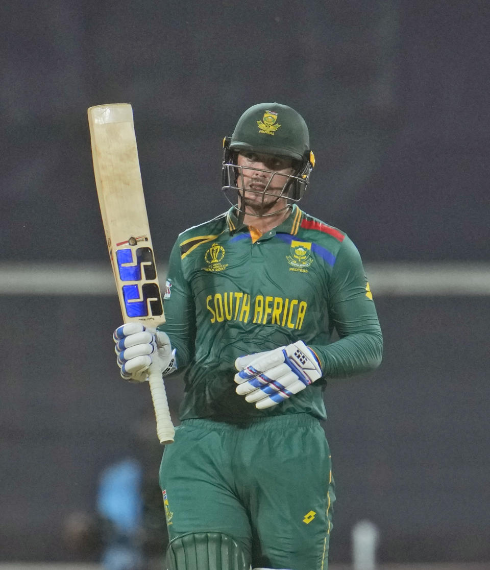 South Africa's Quinton De Kock celebrates his fifty runs during ICC Men's Cricket World Cup warm up matches between South Africa and New Zealand in Thiruvananthapuram, India, Monday, Oct. 2, 2023. (AP Photo/Manish Swarup)