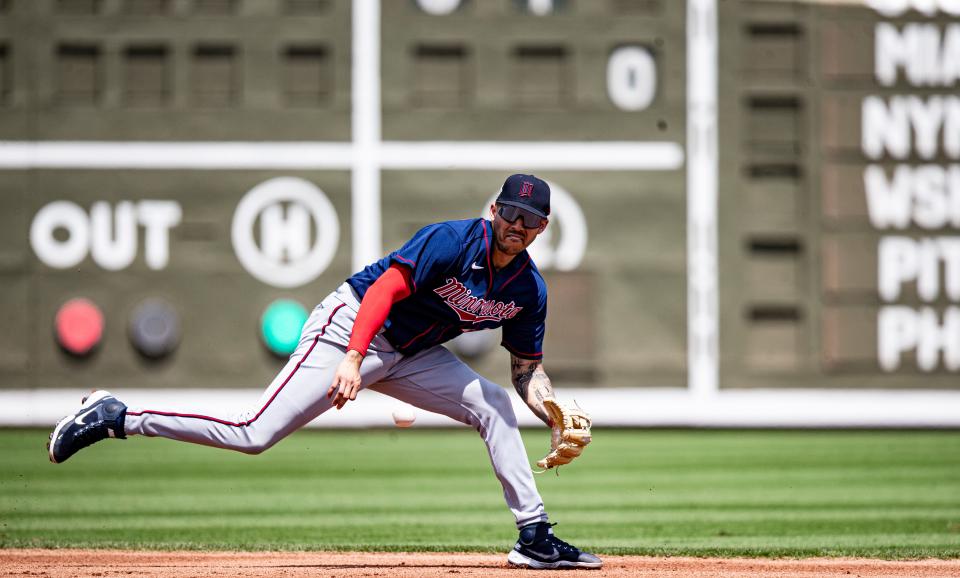 Carlos Correa of the Minnesota Twins catches a grounder during the last spring training game of the season against the Boston Red Sox.  