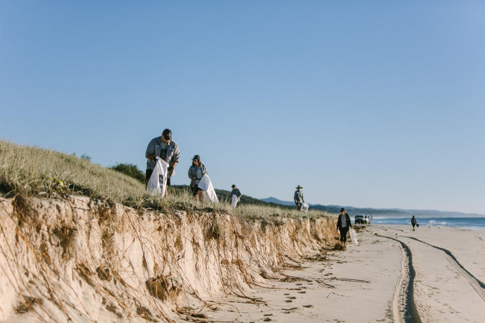 People hold sacks and pick up rubbish on a sand dune. The ocean can be seen in the background. 