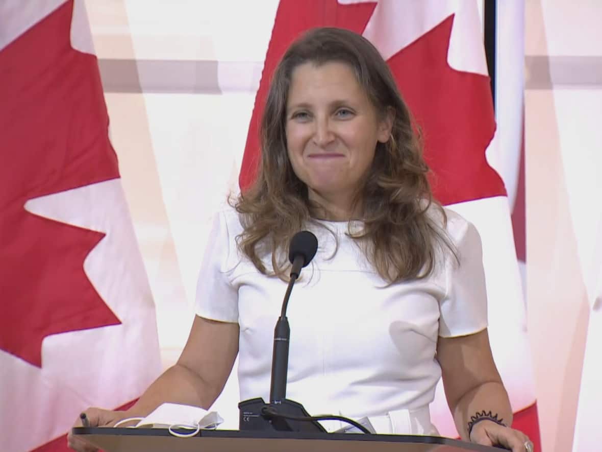 Deputy Prime Minister and Finance Minister Chrystia Freeland told reporters in Washington on Oct. 14 that she is considering next steps now that some key pandemic financial supports for businesses and individuals are set to expire. (CBC - image credit)