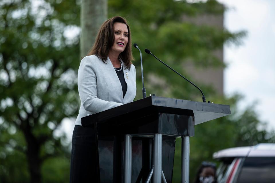 Gov. Gretchen Whitmer speaks during the Aretha L. Franklin Memorial Highway dedication ceremony in Detroit, Monday, August 24, 2020.