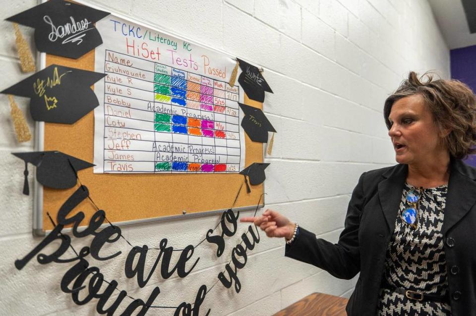 Superintendent Michelle Tippie showcases a chart displaying residents’ progress in the HiSET program in a classroom at the Transition Center of Kansas City on Thursday, June 29, 2023.