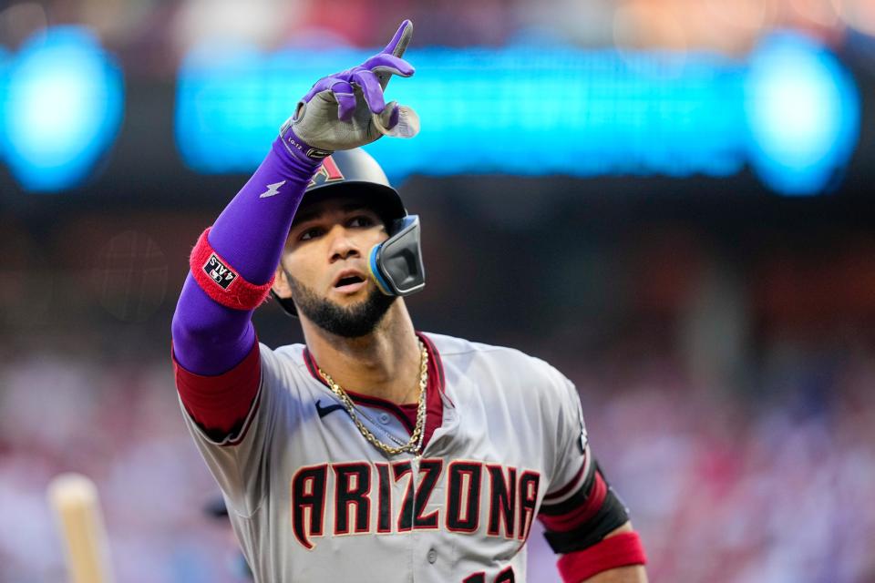 Arizona Diamondbacks' Lourdes Gurriel Jr. celebrates after a home run off Philadelphia Phillies starting pitcher Aaron Nola during the second inning in Game 6 of the NLCS in Philadelphia on Oct. 23, 2023.