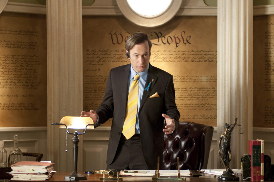 This image released by AMC shows shady lawyer Saul Goodman, played by Bob Odenkirk, in a scene from the fourth season of "Breaking Bad." The series finale of the popular drama series aired on Sunday, Sept. 29. (AP Photo/AMC, Ursula Coyote)