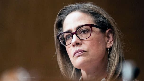 PHOTO: Sen. Kyrsten Sinema, D-Ariz., speaks during a Senate Homeland Security and Governmental Affairs committee hearing to examine social media's impact on homeland security, Sept. 14, 2022, on Capitol Hill in Washington.  (AP Photo/Alex Brandon)