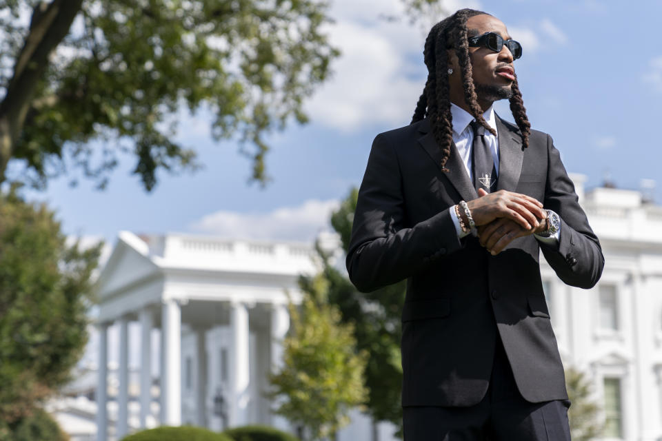 FILE - Quavo poses for a portrait at the White House in Washington on Sept. 20, 2023. Quavo is hosting the inaugural Rocket Foundation Summit at the Carter Center in Atlanta on Tuesday. (AP Photo/Stephanie Scarbrough, File)