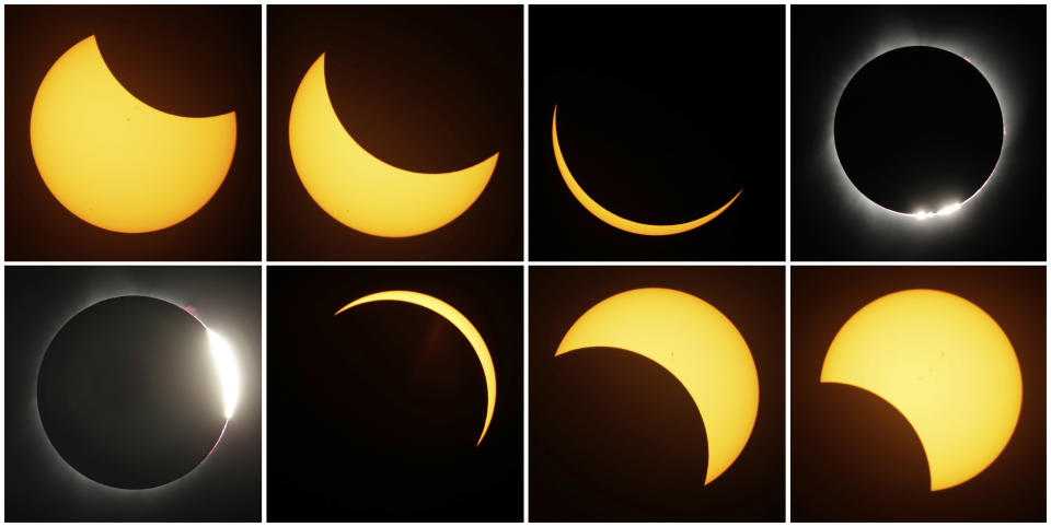 FILE - This combination of photos shows the path of the sun during a total eclipse by the moon Monday, Aug. 21, 2017, near Redmond, Ore. It’s only a year until a total solar eclipse sweeps across North America. On April 8, 2024, the moon will cast its shadow across a stretch of the U.S., Mexico and Canada, plunging millions of people into midday darkness. (AP Photo/Ted S. Warren, File)