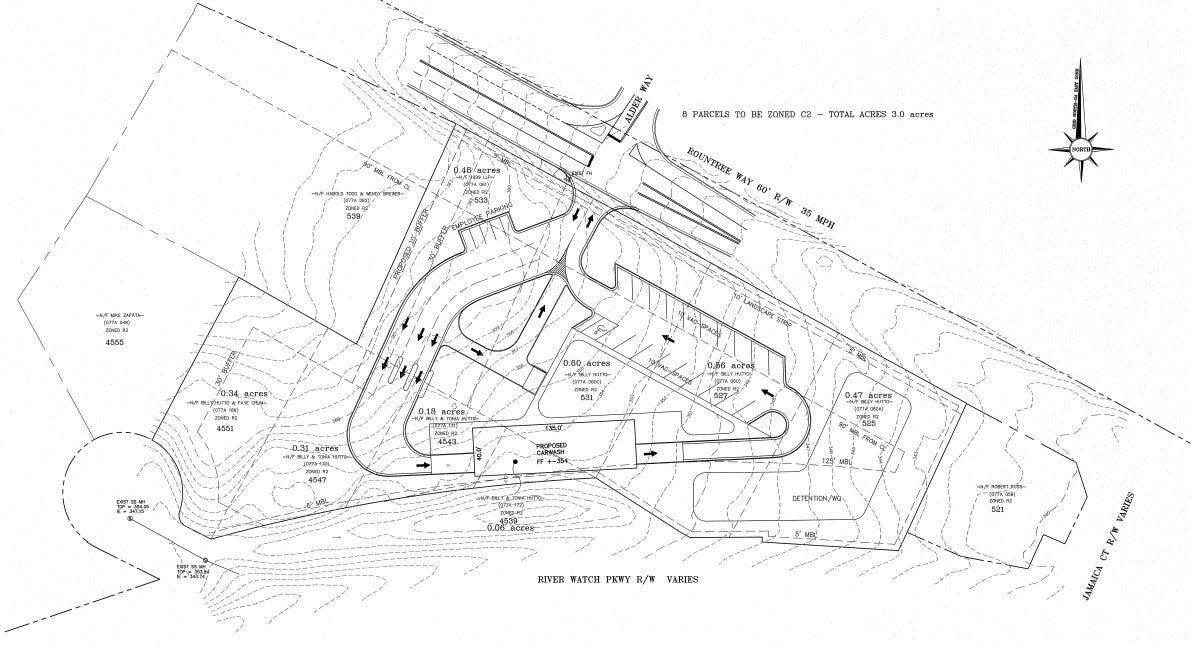 This rendering shows the location of a proposed car wash in Evans. The road above is Rountree Way showing the entrance to Ansley at Town Center Apartments. The road below is River Watch Parkway leading to Washington Road.