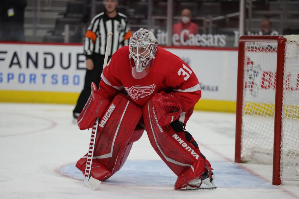 Detroit Red Wings goaltender Calvin Pickard (31) in the net  against the Columbus Blue Jackets during second period action Sunday, March 28, 2021 at Little Caesars Arena in Detroit.
