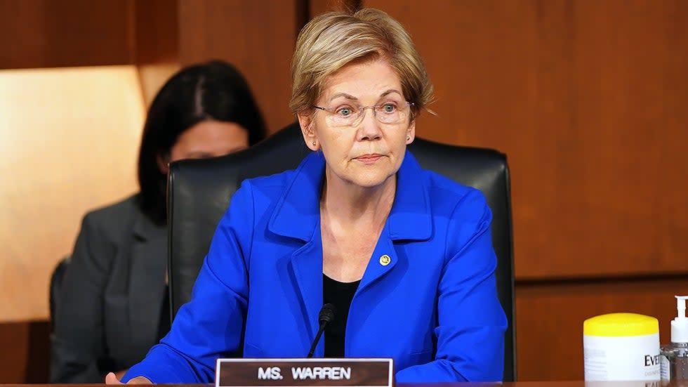 Sen. Elizabeth Warren (D-Mass.) is seen during a Senate Banking, Housing, and Urban Affairs Committee hearing to discuss oversight of the CARES Act within the Federal Reserve and Department of Treasury on Tuesday, September 28, 2021.