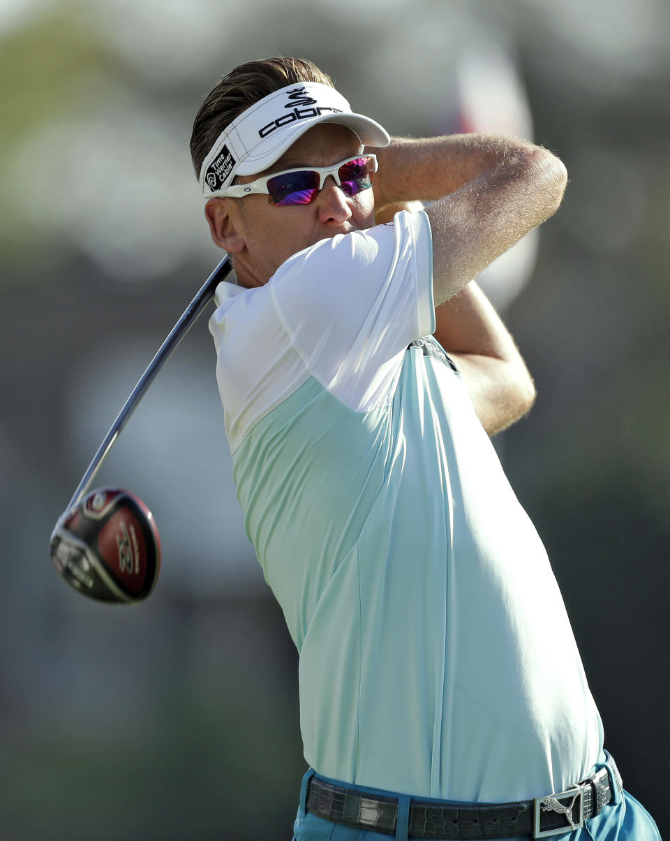 Ian Poulter, of England, hits his tee shot on the 18th hole during the first round of the Arnold Palmer Invitational golf tournament at Bay Hill Thursday, March 20, 2014, in Orlando, Fla. (AP Photo/Chris O'Meara)