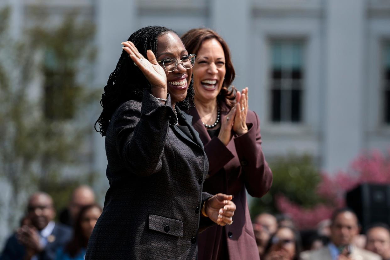 Confirmed Justice Ketanji Brown Jackson and  Vice President Kamala Harris at the White House on April 08, 2022.