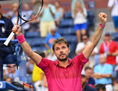 Aug 30, 2016; New York, NY, USA; Stan Wawrinka of Switzerland celebrates after defeating Fernando Verdasco of Spain (not pictured) on day two of the 2016 U.S. Open tennis tournament at USTA Billie Jean King National Tennis Center. Robert Deutsch-USA TODAY Sports