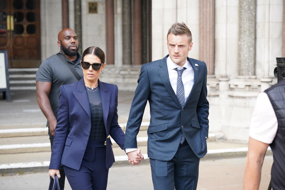 Rebekah and Jamie Vardy leaves the Royal Courts Of Justice, London, as the high-profile libel battle between Rebekah Vardy and Coleen Rooney continues. Picture date: Tuesday May 17, 2022. (Photo by Yui Mok/PA Images via Getty Images)