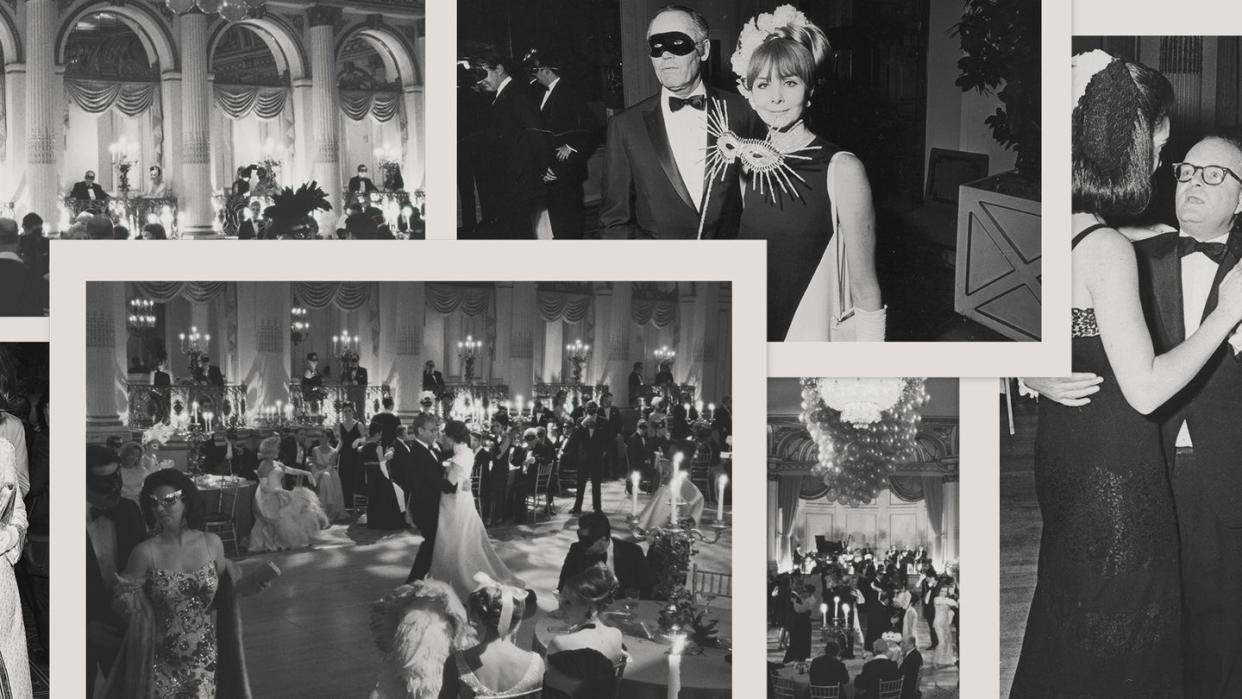 a collage of women in formalwear attending a ball