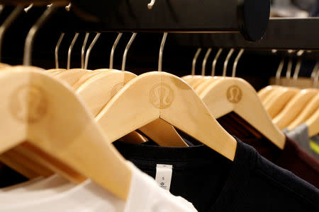 Clothes are displayed in a Lululemon Athletica retail store in New York, U.S., March 30, 2017. REUTERS/Brendan McDermid