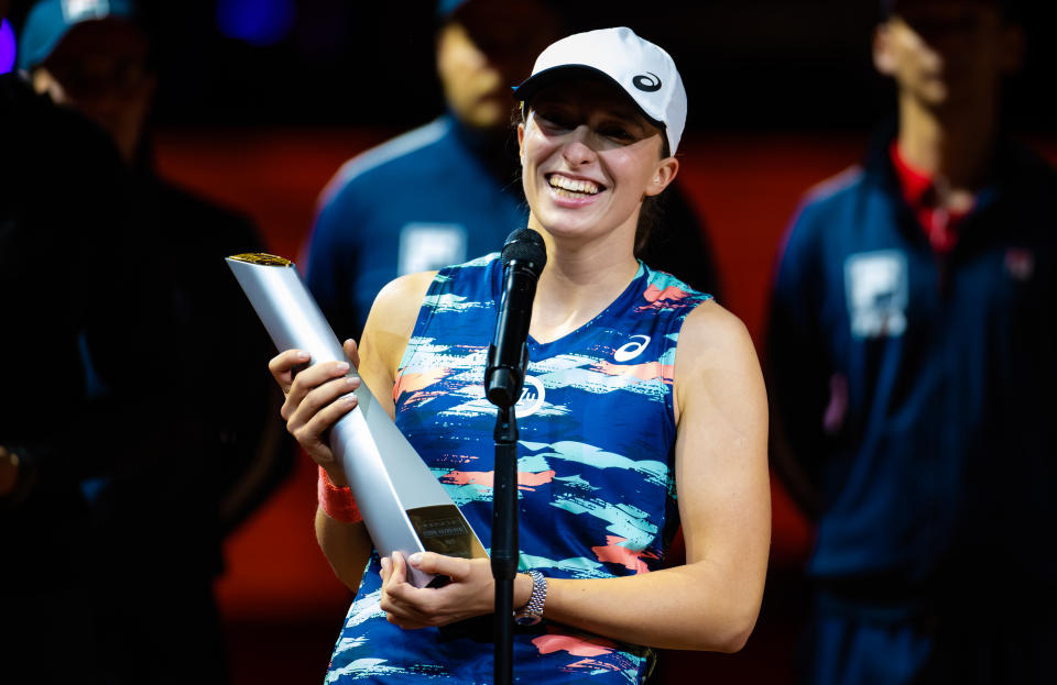 Iga Swiatek, pictured here during the trophy ceremony after winning the Porsche Tennis Grand Prix in Stuttgart.