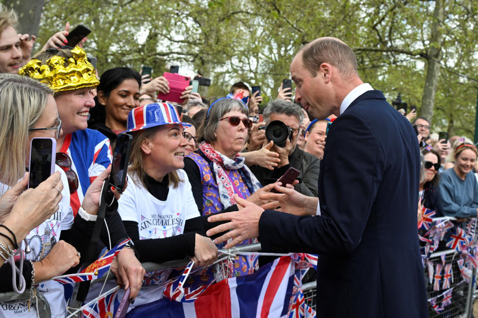William, the Prince of Wales, meets well-wishers during a walkabout on The Mall, outside Buckingham Palace, May 5, 2023, the day before his father King Charles III's coronation ceremony. / Credit: Toby Melville/Pool/Getty