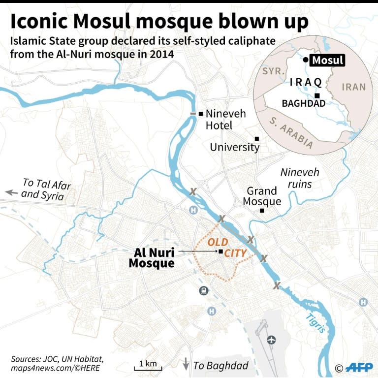 Map of Mosul locating the Nuri mosque in the Old City