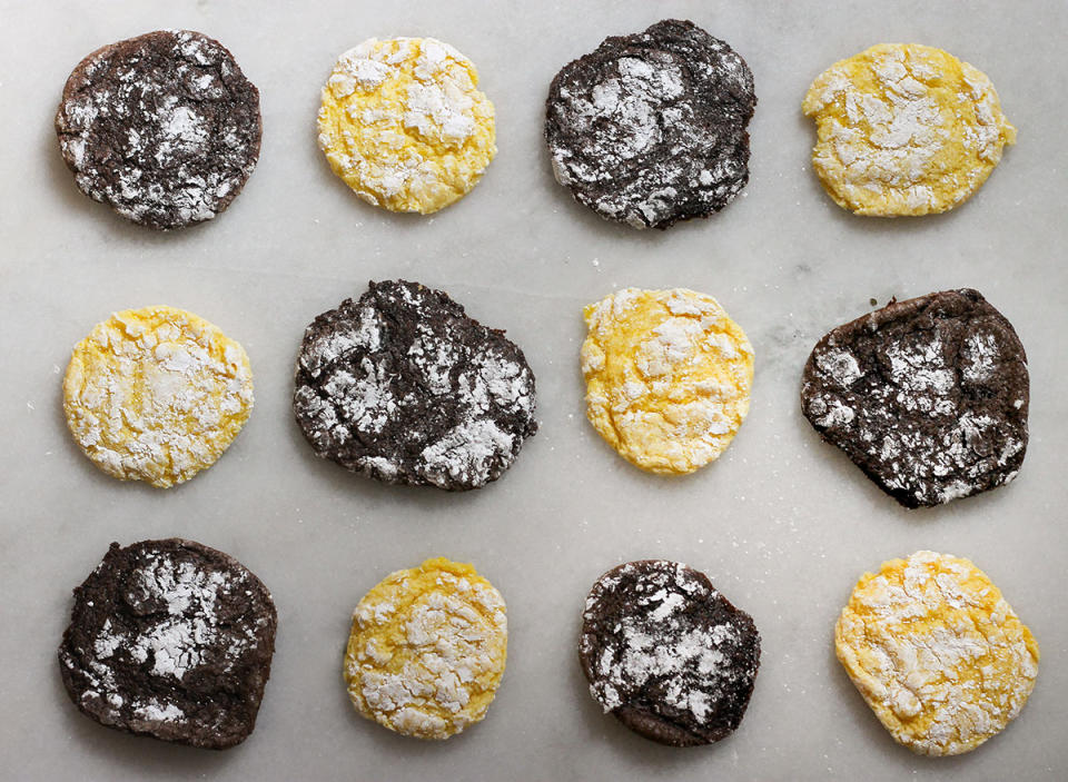 Finished chocolate and lemon cake cookies on marble counter