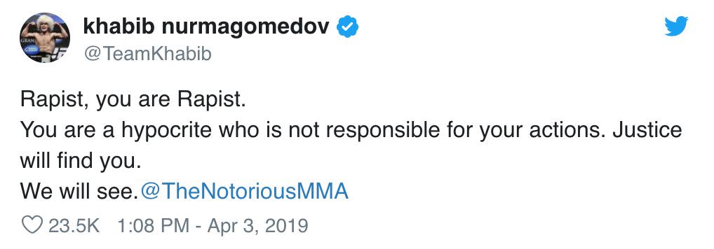 Khabib Nurmagomedov responds to Conor McGregor's tweet, which insulted Khabib's wife. (Twitter/@TeamKhabib)