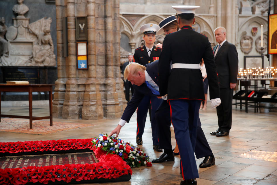 U.S. President Donald Trump and First Lady Melania Trump are seen at Westminster Abbey as part of their state visit in London, Britain June 3, 2019. REUTERS/Carlos Barria