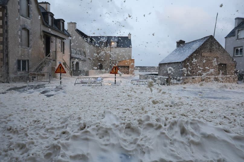 Sea foam in the street of Penmarc'h, western France, on 2 November, as Storm Ciaran hits the region.