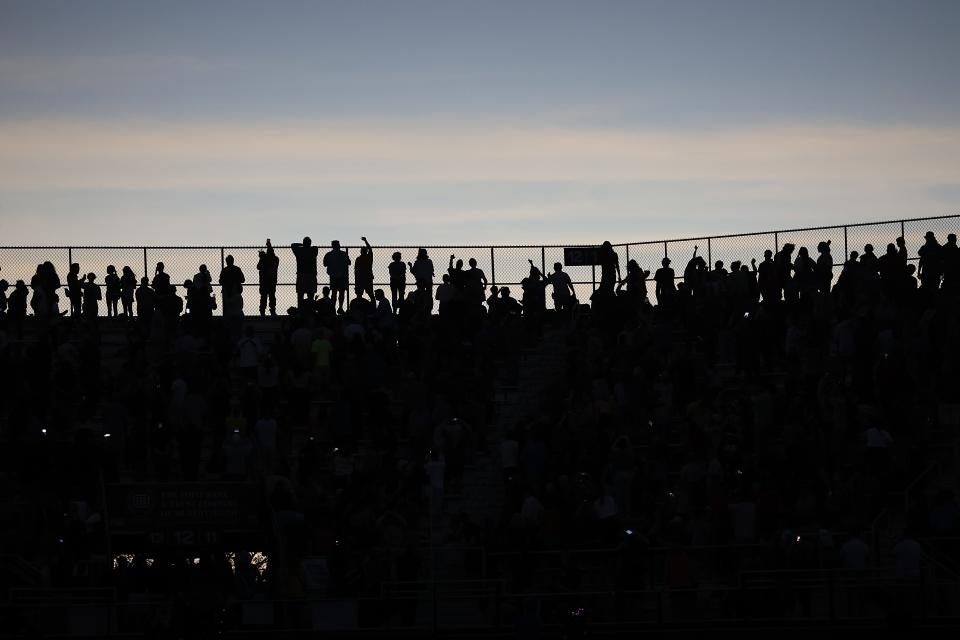 The total eclipse arrives ar Saluki Stadium on the campus of Southern Illinois University on April 8, 2024, in Carbondale, Illinois.