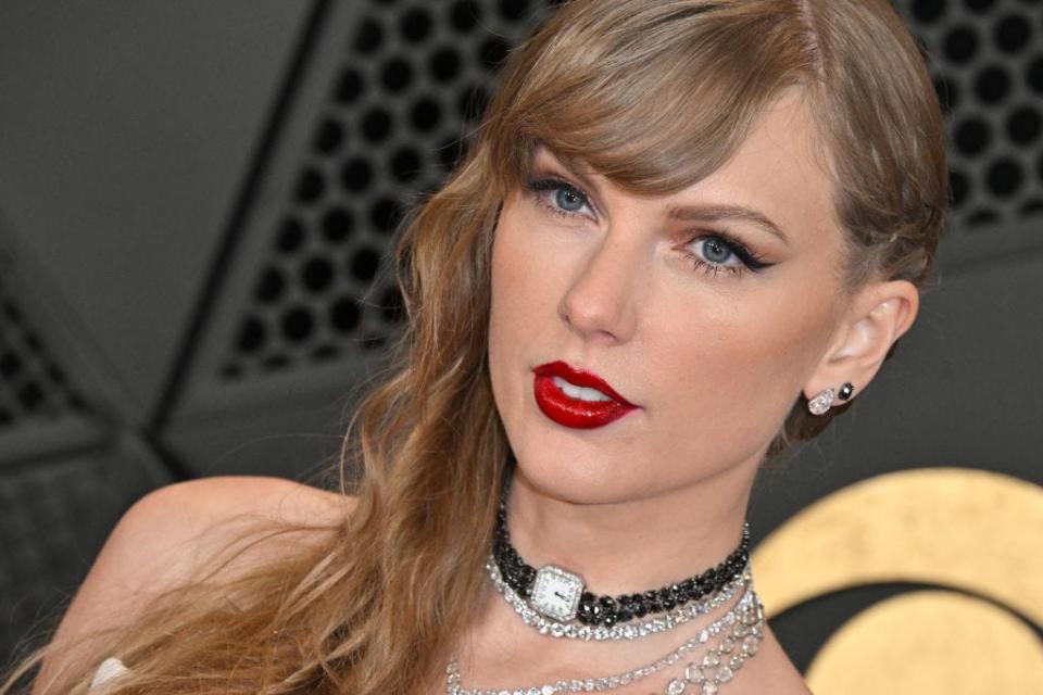 Taylor Swift arrives for the 66th Annual Grammy Awards at the Crypto.com Arena in Los Angeles on Feb. 4, 2024.