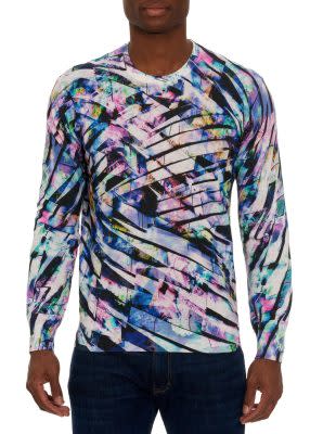 abstract print cotton and linen men's crew neck sweater