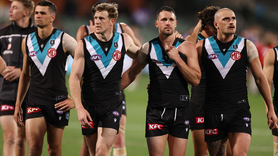 Port Adelaide were dejected after they were thumped by the Western Bulldogs to the tune of 71 points in the preliminary final. (Photo by Daniel Kalisz/Getty Images)