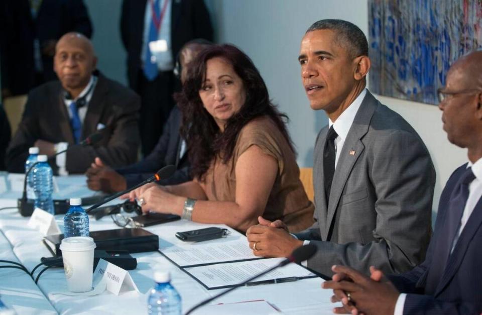 Cuban acitivist Miriam Celaya, center, met with President Barack Obama at the U.S. Embassy in Havana when he visited the island in March 2016. Celaya’s niece was arrested by Cuban authorities after the July 11 protests.