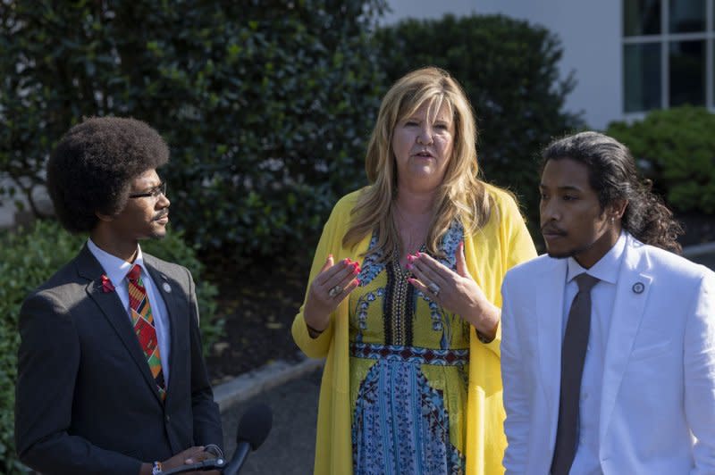 Tennessee state Rep. Gloria Johnson speaks to the media with fellow Democratic Reps. Justin Pearson and Justin Jones at the White House on April 24. Johnson announced Tuesday she is running for the Senate seat held by Republican Marsha Blackburn. File Photo by Chris Kleponis/UPI