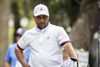 Harold Varner III reacts to his shot on the 16th tee during the third round of the RBC Heritage golf tournament, Saturday, April 16, 2022, in Hilton Head Island, S.C. (AP Photo/Stephen B. Morton)