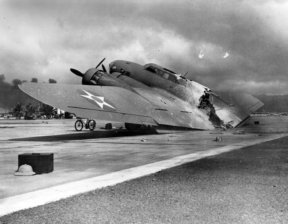 A wrecked U.S. Army Air Corps B-17C bomber