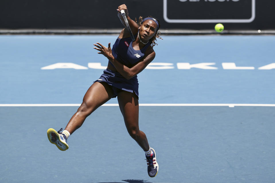 Coco Gauff of United States plays a forehand return to Brenda Fruhvirtova of Czech Republic at the ASB Tennis Classic in Auckland, New Zealand, Thursday, Jan. 4, 2024. (David Rowland/Photosport via AP)