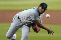 Miami Marlins starting pitcher Sixto Sanchez works against the Atlanta Braves in the first inning of a baseball game Wednesday, Sept. 23, 2020, in Atlanta. (AP Photo/John Bazemore)