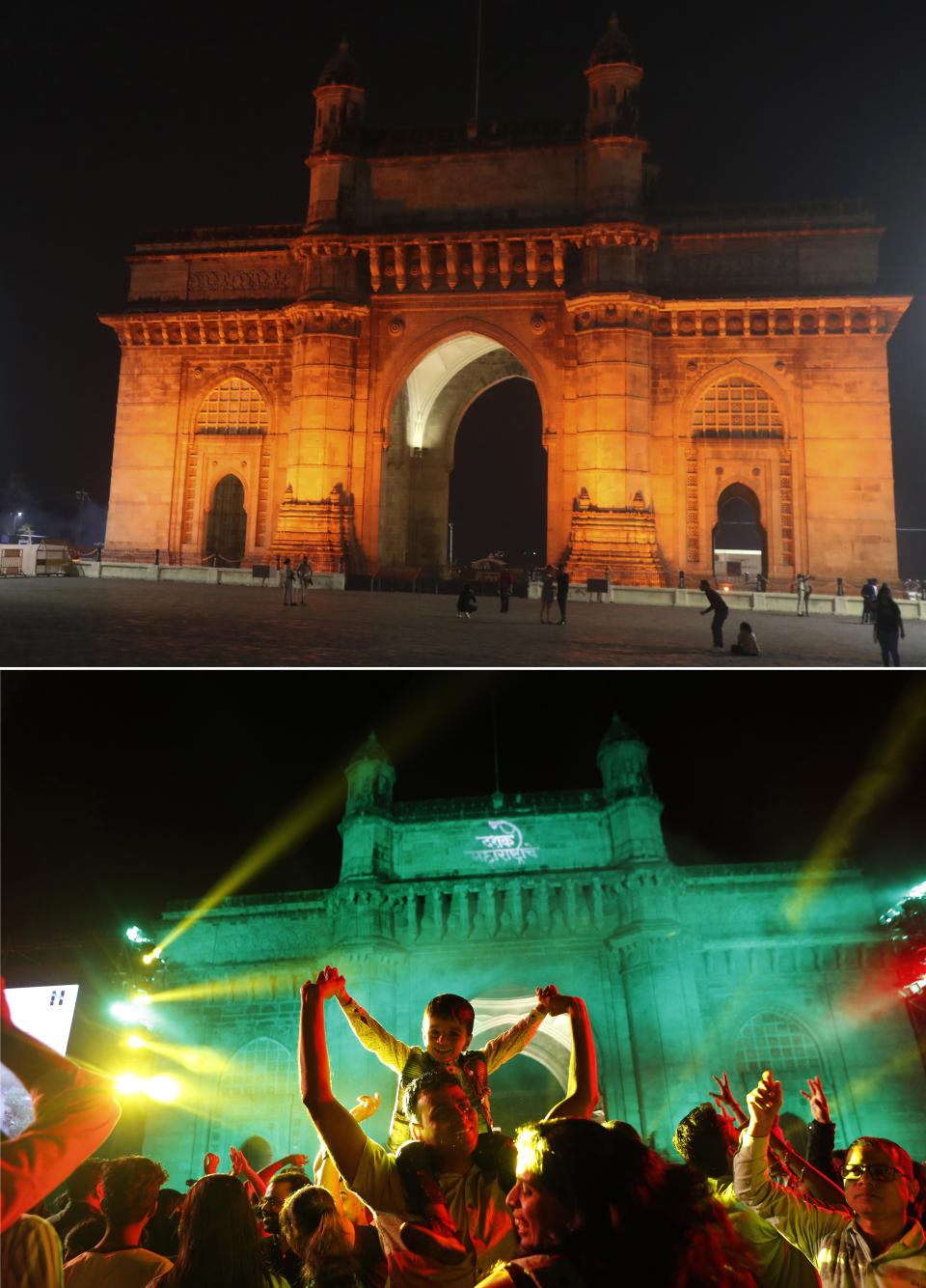 This combination photograph shows a handful of people in front of the iconic Gateway of India, top, a popular place to celebrate New Year's Eve in Mumbai, India, Thursday, Dec. 31, 2020, as compared to a file photograph of a crowd celebrating on Dec. 31, 2019. As the world says goodbye to 2020, there will be countdowns and live performances, but no massed jubilant crowds in traditional gathering spots like the Champs Elysees in Paris and New York City's Times Square this New Year's Eve. The virus that ruined 2020 has led to cancelations of most fireworks displays and public events in favor of made-for-TV-only moments in party spots like London and Rio de Janeiro. (AP Photo/Rafiq Maqbool, Rajanish Kakade)