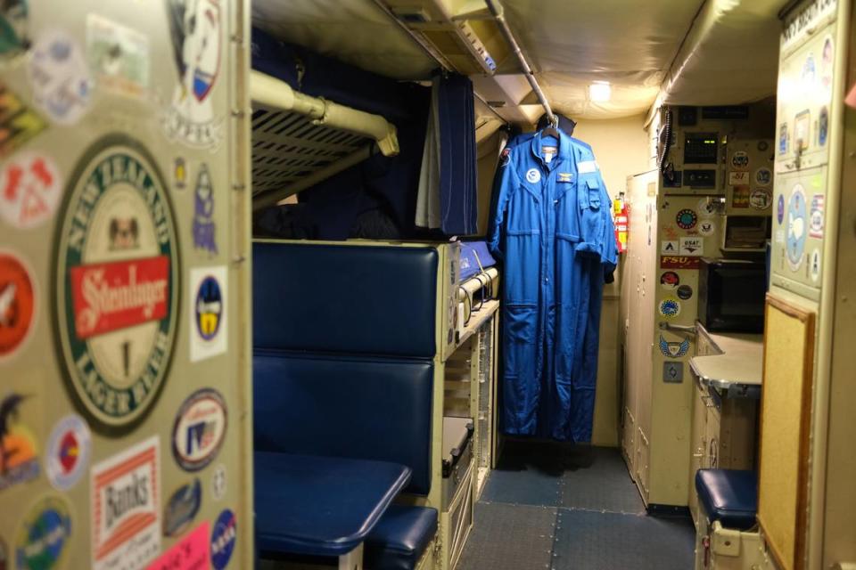 A view from inside NOAA’s P-3 Orion, a four-engine, crewed aircraft that takes hurricane researchers into the heart of major storms to retrieve data for forecasting and research. Crewed missions are now working in unison with uncrewed devices, like drones, to monitor storms. 