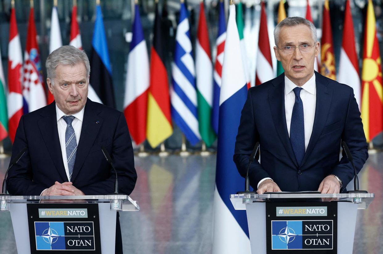 Finland’s president Sauli Niinisto (L) and Nato secretary general Jens Stoltenberg speak in Brussels (KENZO TRIBOUILLARD/AFP via Getty Images)